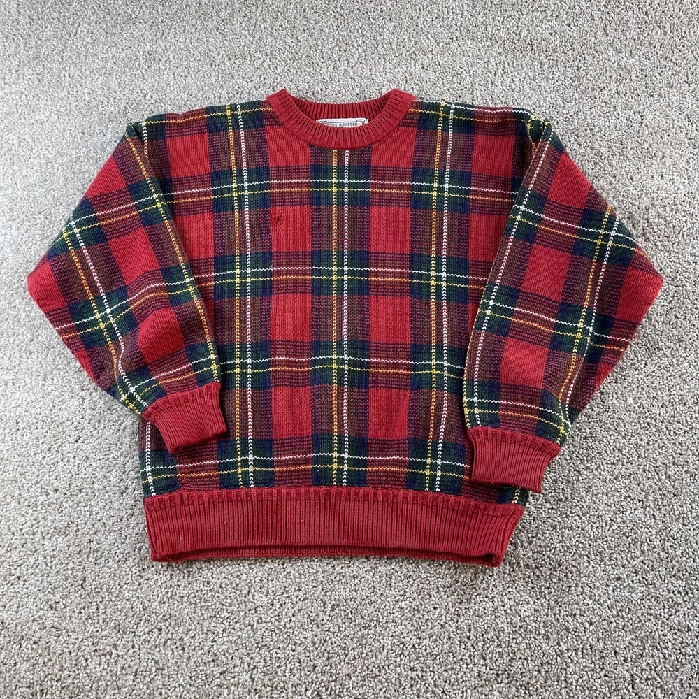 Vintage John Ashford Sweater Mens Large Red Plaid Cotton Knit Made In Taiwan